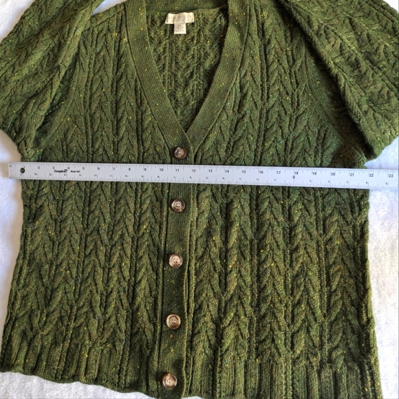 Appleseeds Quality Petite Large V-neck Cardigan Donegal Braided Green Wool Blend - Picture 9 of 13